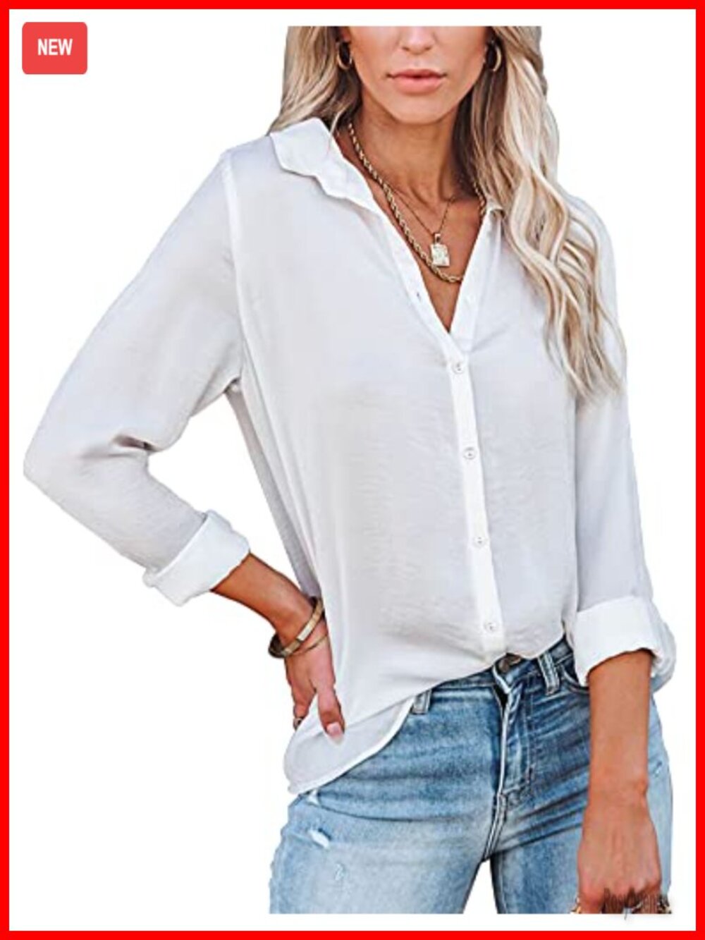 Womens V-Neck Button Down Shirt Long Sleeve Office Casual Blouse Top